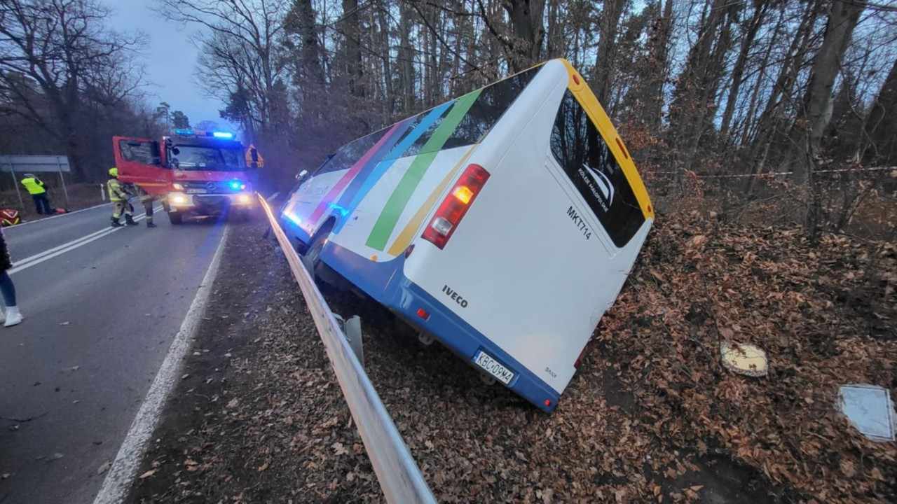KOPALINY. Poważny wypadek – autobus wypadł z drogi. Są ranni [ZDJĘCIA]