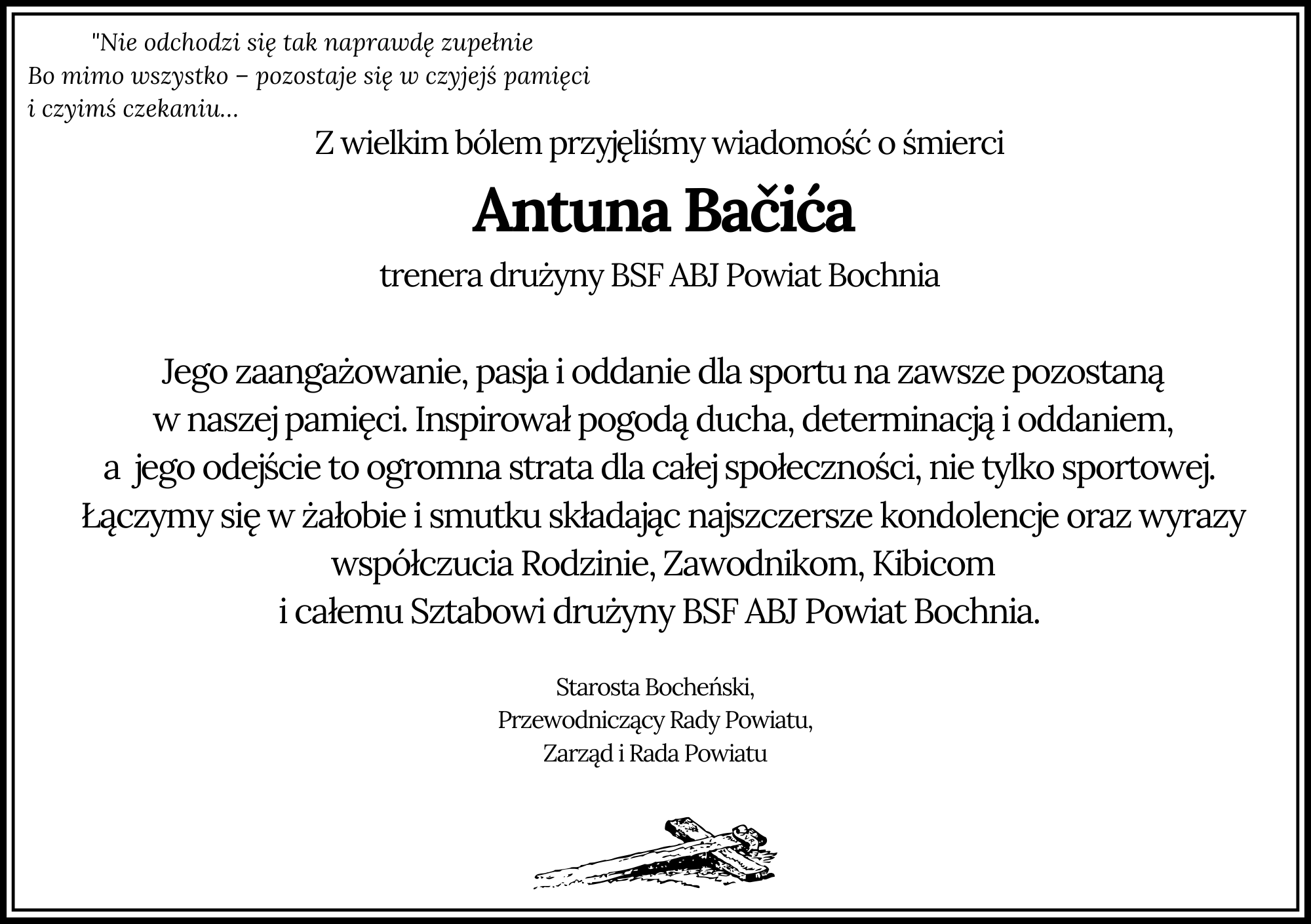 Kondolencje od Starosty Bocheńskiego Przewodniczącego Rady Powiatu, Zarządu i Rady Powiatu