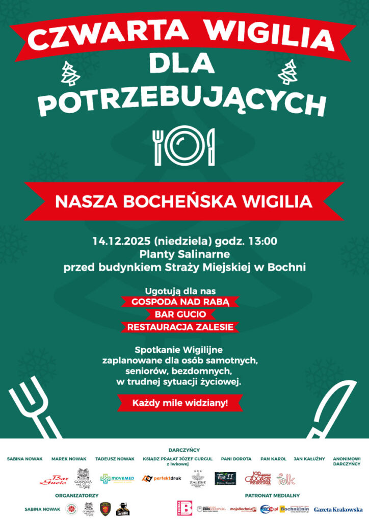 BOCHNIA. W niedzielę 14 grudnia na Plantach Salinarnych w Bochni IV Wigilia dla Potrzebujących