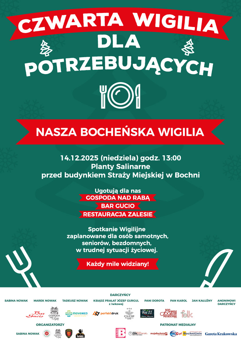 BOCHNIA. W niedzielę 14 grudnia na Plantach Salinarnych w Bochni IV Wigilia dla Potrzebujących