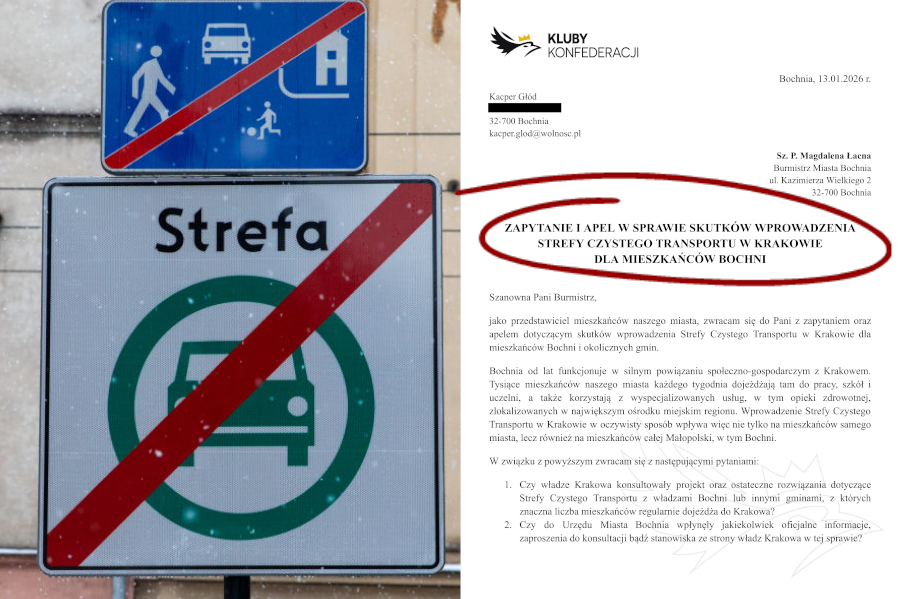 BOCHNIA. Strefa Czystego Transportu uderza w mieszkańców Bochni? Lider tarnowskiej Konfederacji interweniuje u burmistrz Łacnej