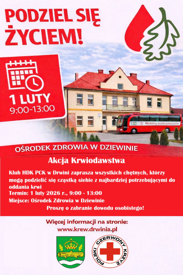 GMINA DRWINIA. Podziel się życiem – w niedzielę w Ośrodku Zdrowia w Dziewinie Akcja Krwiodawstwa