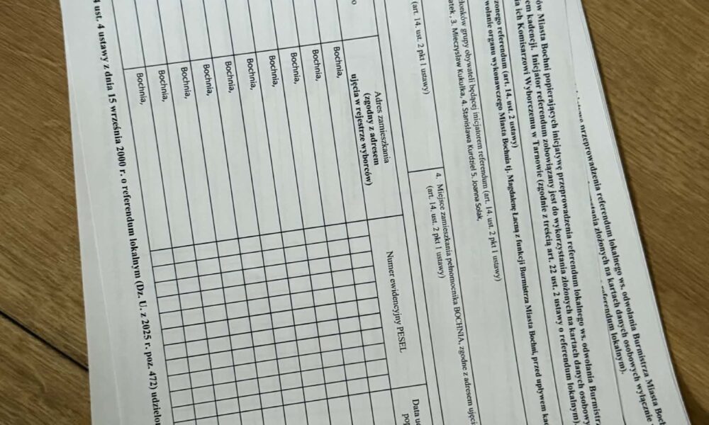 🔴BOCHNIA. Jedna osoba wycofała się z komitetu referendalnego. Komisarz Wyborczy w Tarnowie: nie ma to żadnego znaczenia