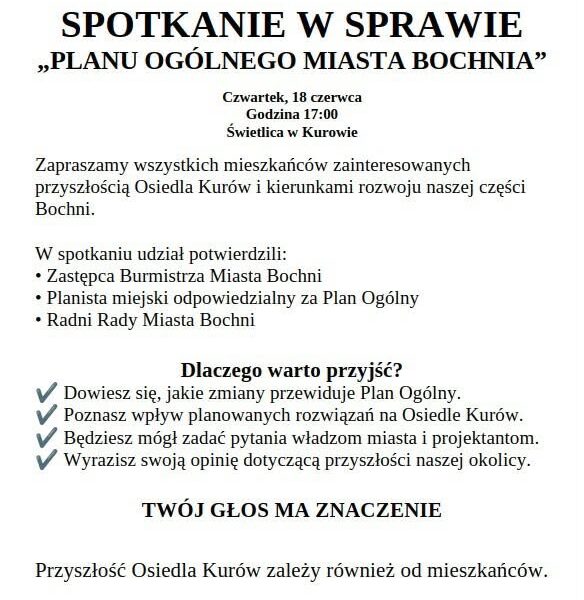 BOCHNIA. Mieszkańcy osiedla Kurów porozmawiają o przyszłości swojej części miasta