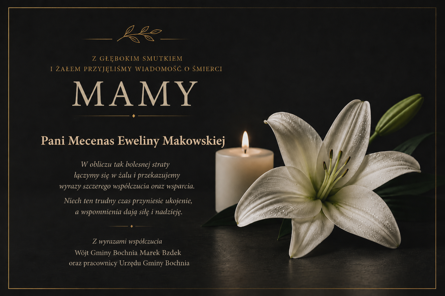 Kondolencje od Wójta Gminy Bochnia Marka Bzdeka oraz Pracowników Urzędu Gminy Bochnia
