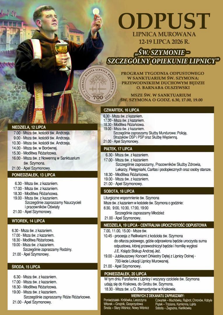 LIPNICA MUROWANA. W niedzielę rozpoczyna się odpust ku czci św. Szymona z Lipnicy Murowanej [PROGRAM]