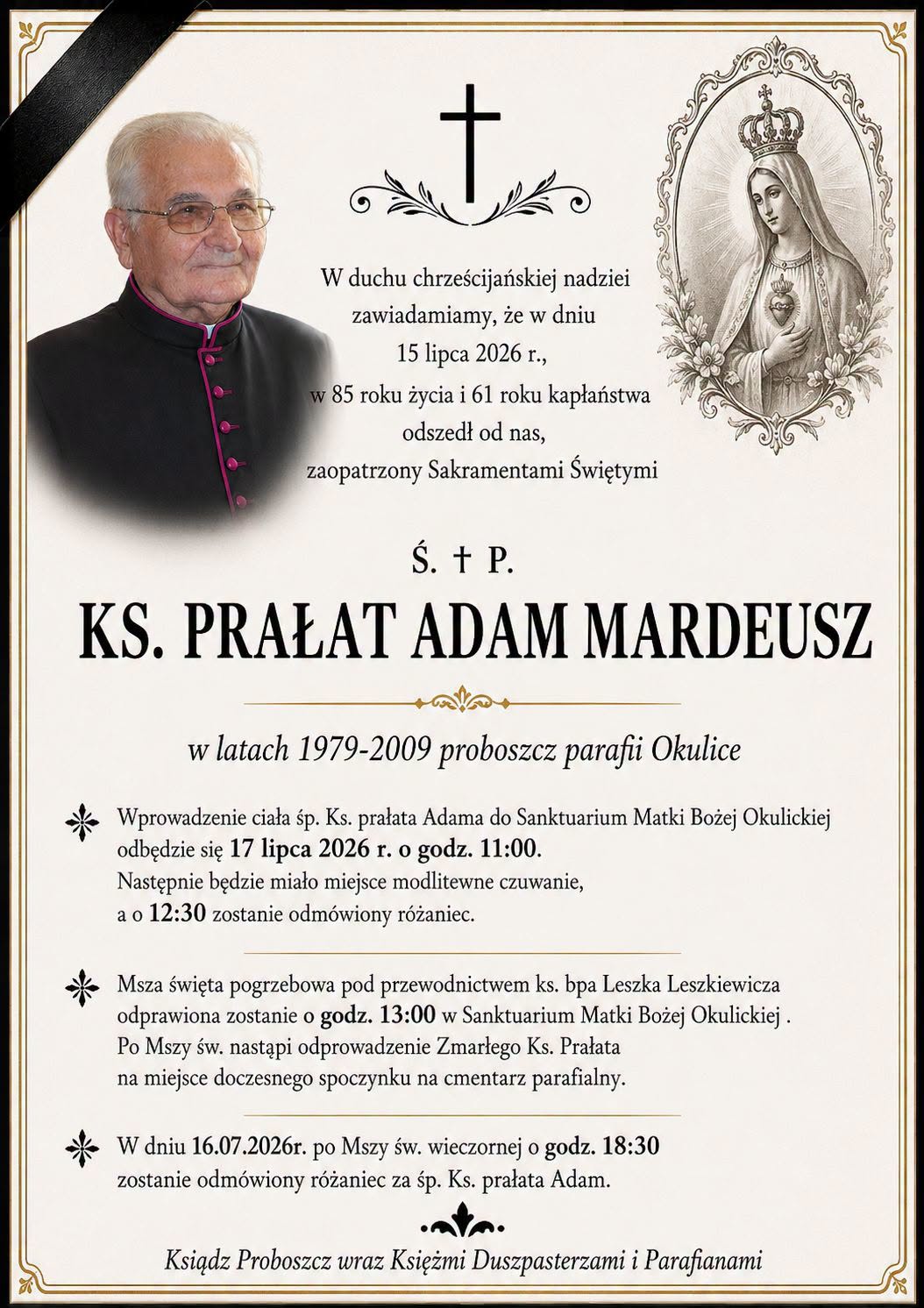 GMINA RZEZAWA. Zmarł ks. Prałat Adam Mardeusz emerytowany proboszcz parafii Okulice