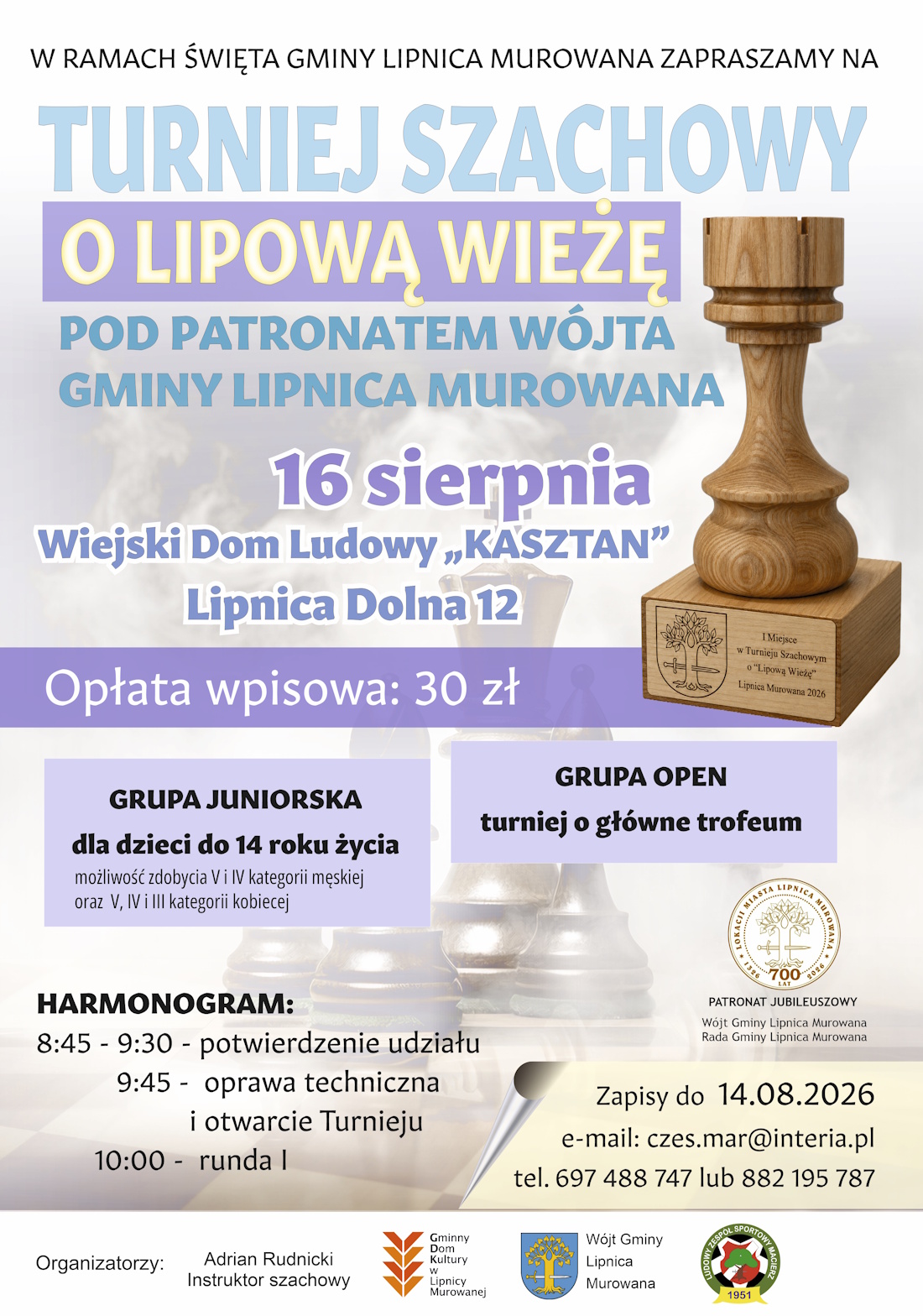 LIPNICA MUROWANA. Szachowe emocje w Lipnicy Dolnej – zagraj o „Lipową Wieżę”!