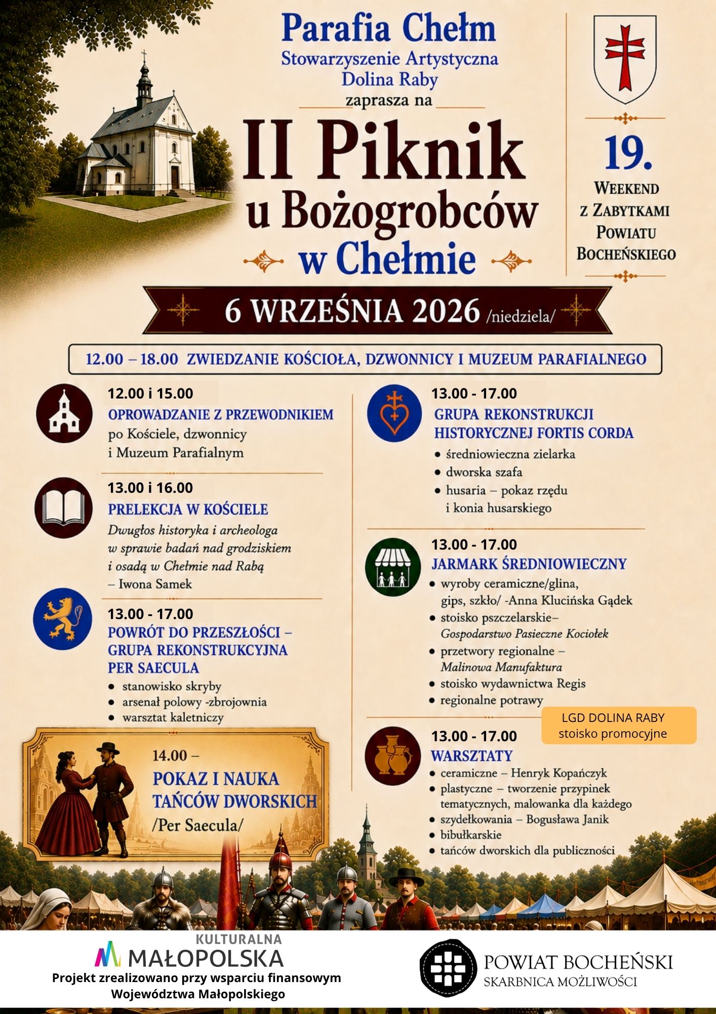 GMINA BOCHNIA. II Piknik u Bożogrobców w Chełmie: jarmark, warsztaty, pokaz tańca i rycerze