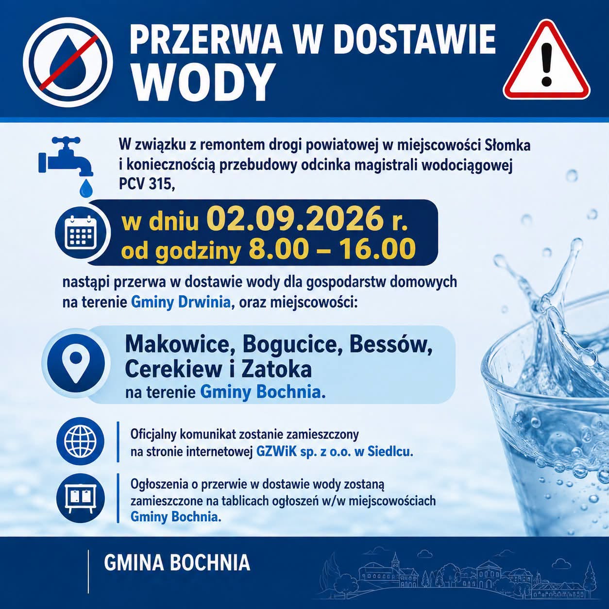 GMINA BOCHNIA, GMINA DRWINIA. Zaplanowano remont drogi – będzie przerwa w dostawie wody