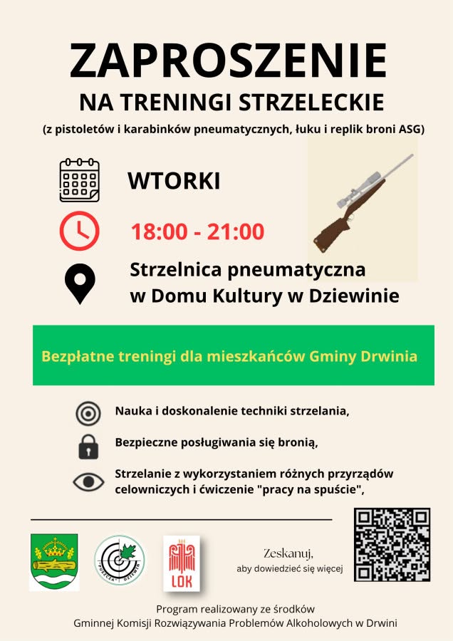 GMINA DRWINIA. Treningi na strzelnicy pneumatycznej w Domu Kultury w Dziewinie! Zajęcia potrwają do grudnia