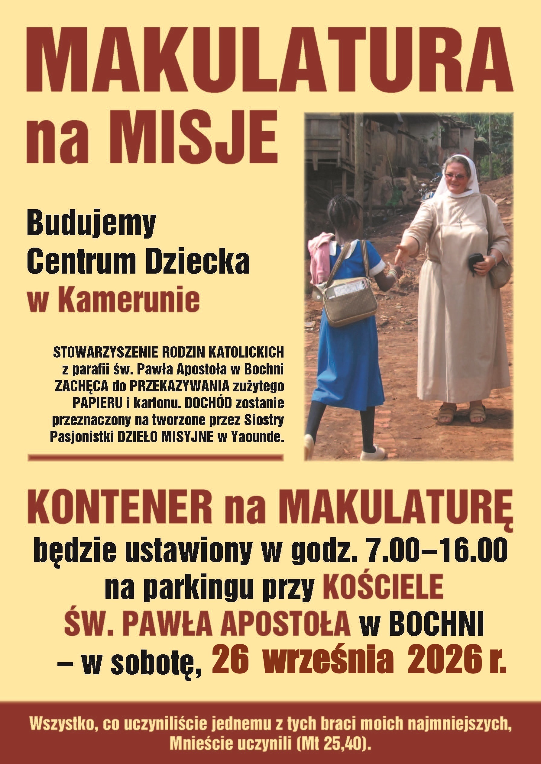 BOCHNIA. W sobotę zbiórka makulatury na budowę Centrum Zdrowia dla dzieci w Kamerunie