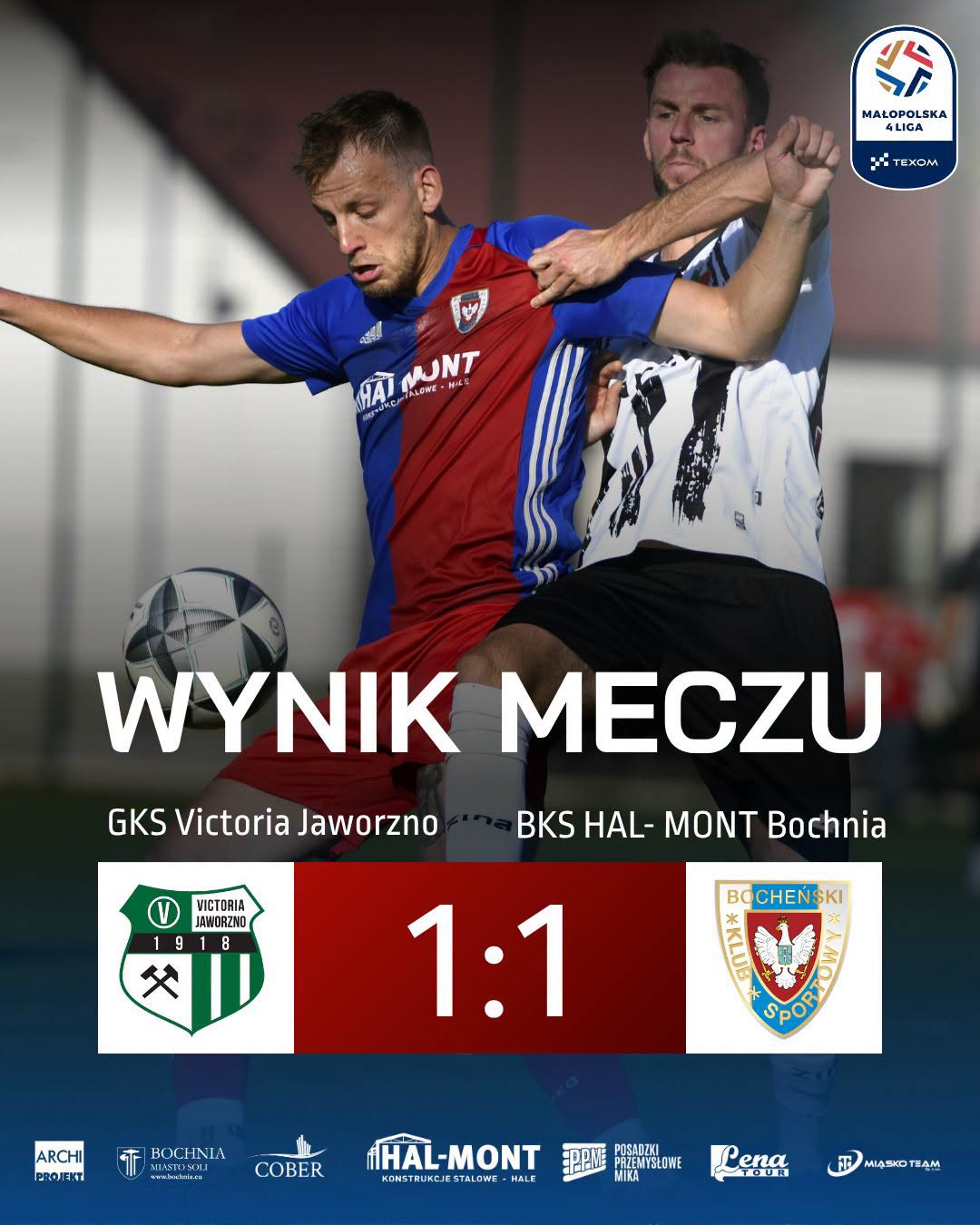PIŁKA NOŻNA. Cenny punkt wywalczony na terenie wicelidera! BKS Hal-Mont Bochnia remisuje w Jaworznie!